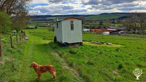 Early spring: Looking southwest across the farm with polytunnel and barns in the distance.