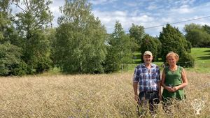 Linda and Torbjörn in a dinkelfield with our pastures in background 