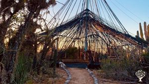 This structure is salveging used irrigation hose to create shaded communal kitchen