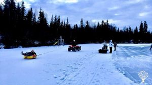 Playing on the lake in the winter