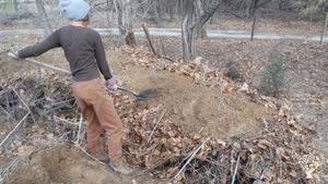 Wwoofer Kass constructing a Hugelkultur berm