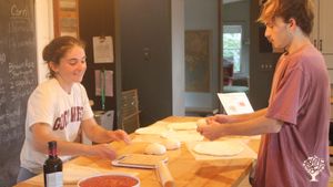 Making pizza in the farmhouse kitchen
