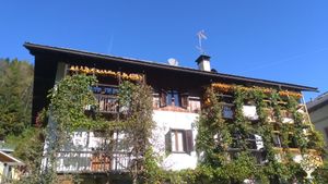 La nostra casa in settembre con la vigna e le pannocchie di mais appese