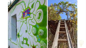 Část pomalované fasády a jedna z živých stromových staveb.