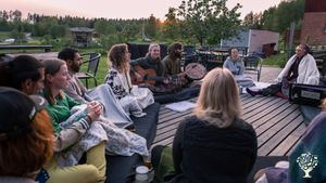 Organic garden and park in a beautiful festival center by forest and lake in Sweden.
